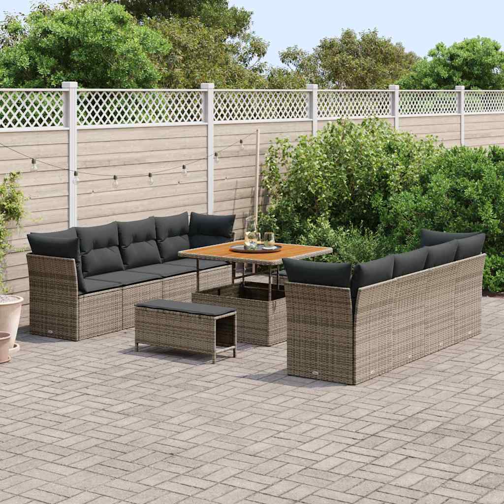 vidaXL 11-delig Tuinset met kussens in grijze poly rattan en acaciahout.