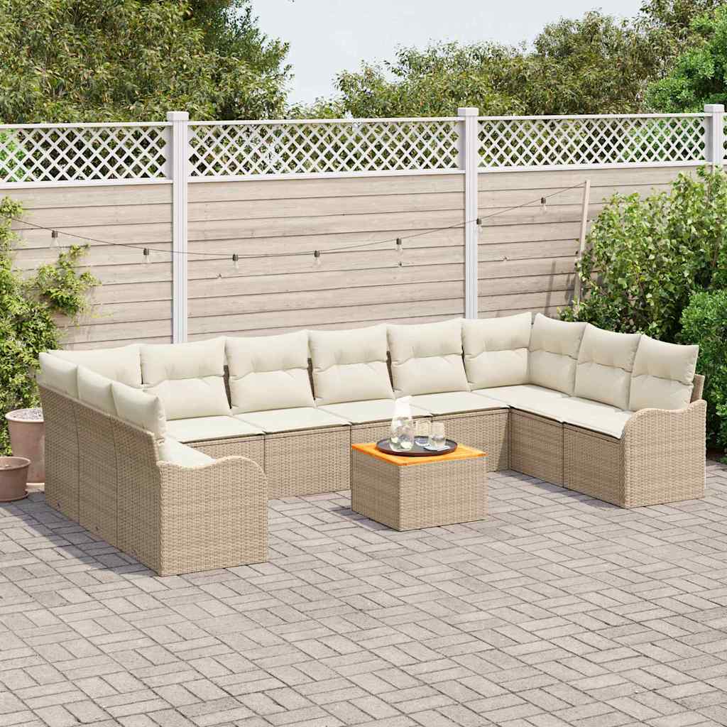 vidaXL 11-delige ligbedden set met kussens beige poly rattan acacia