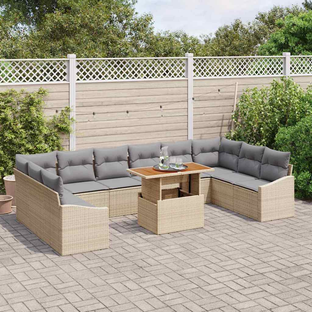 vidaXL 11-delige tuinbank set met kussens in beige van poly rattan