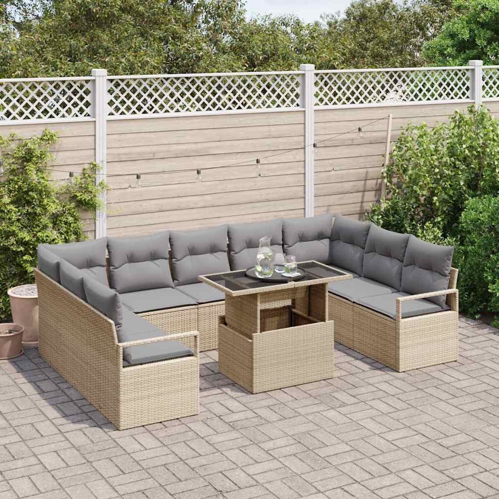 vidaXL 10-delige Tuinbankenset met kussens poly rattan beige