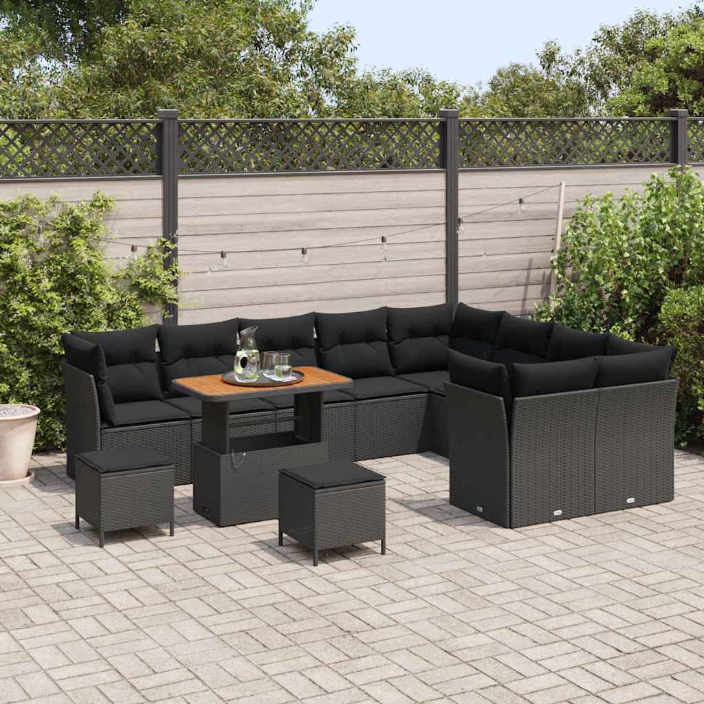 vidaXL 12-delige tuinset met kussens, zwart poly rattan en acacia.