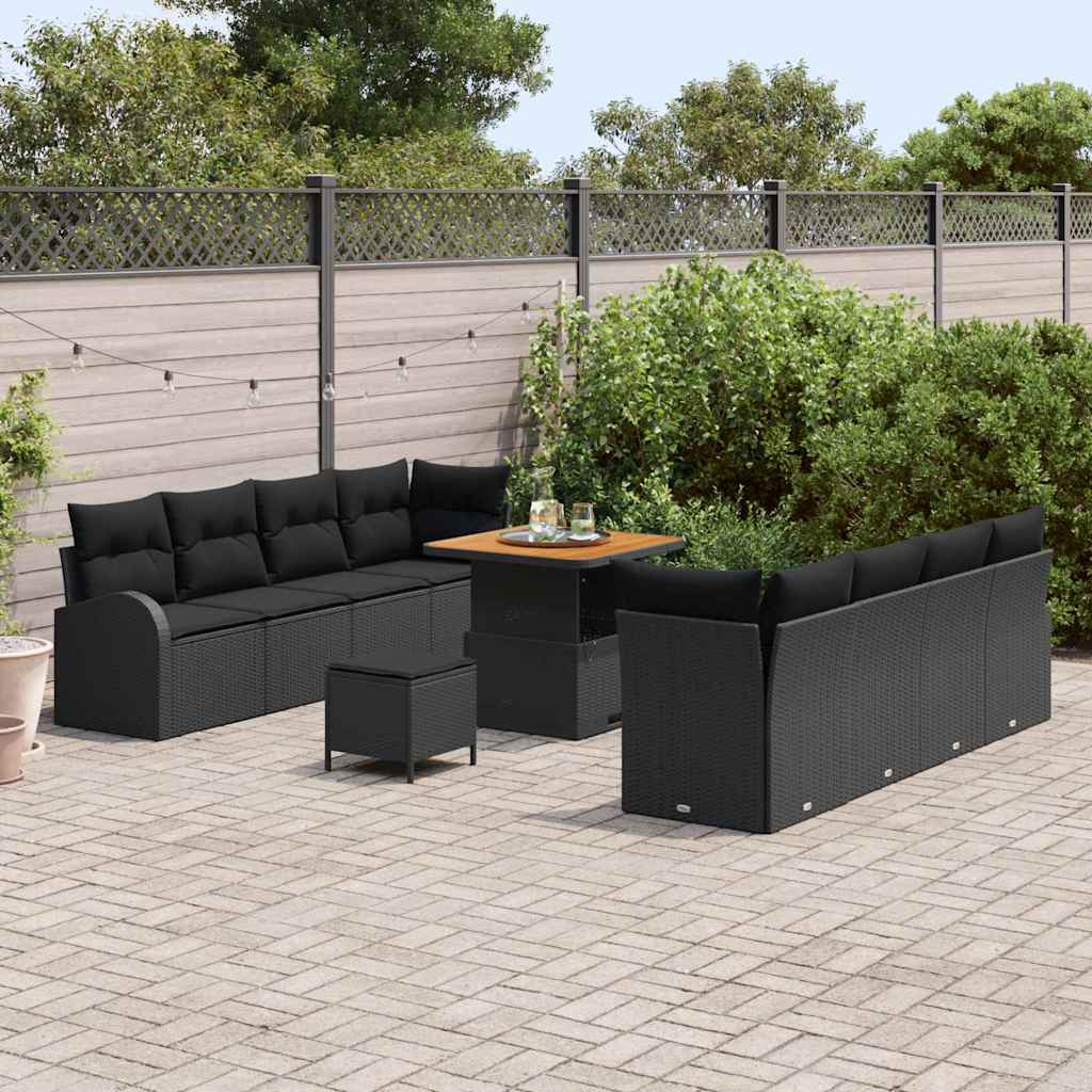 vidaXL 11-delige Tuinsofa Set met Kussens - Zwart Poly Rattan en Acacia
