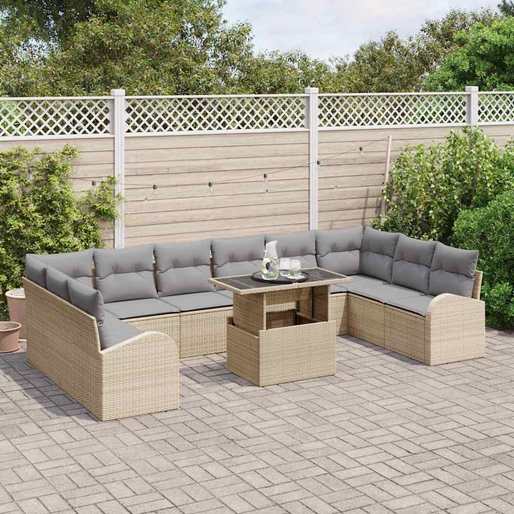 vidaXL 11-delige Tuinbankenset met kussens poly rattan beige