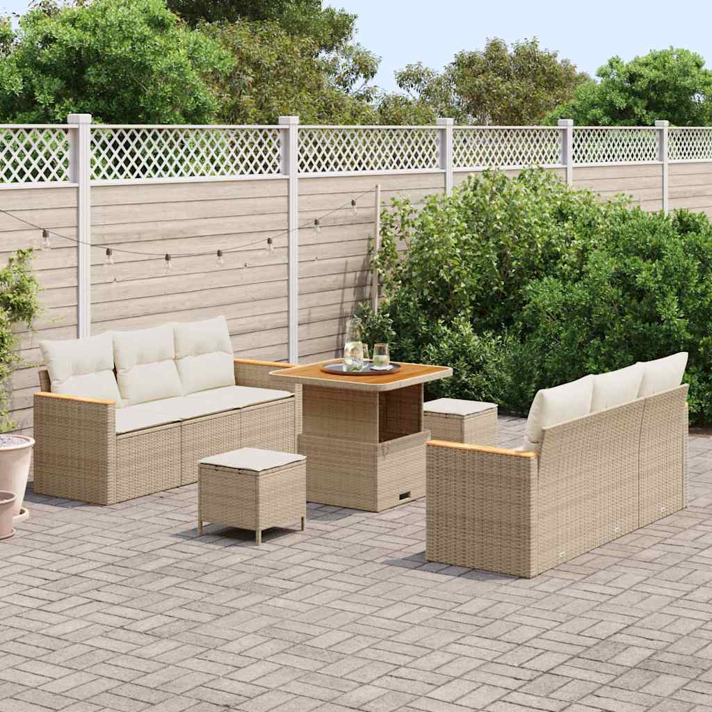 vidaXL 9-delige tuinsofa set met kussens in beige, poly rieten en acacia