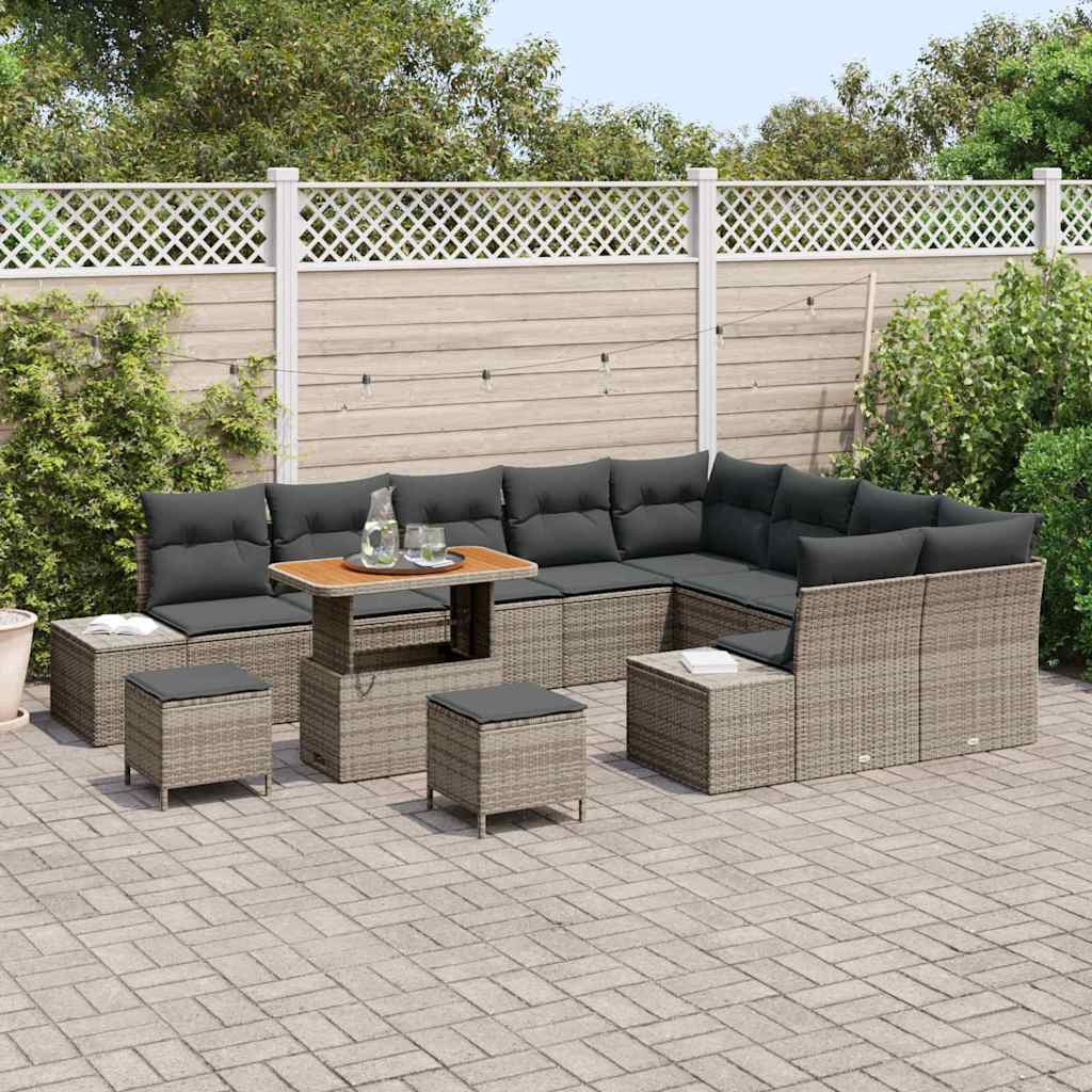 vidaXL 12-delige tuinset met kussens in grijs, van poly riet en acacia.