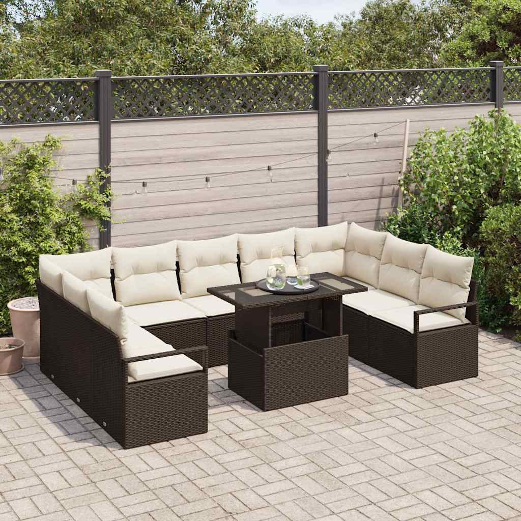 vidaXL 10-delige Tuinbankenset met kussens poly rattan bruin
