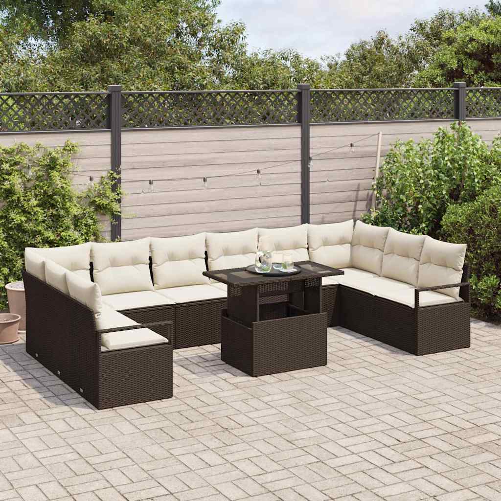 vidaXL 11-delige Tuinset met Kussens Bruin Poly Rattan