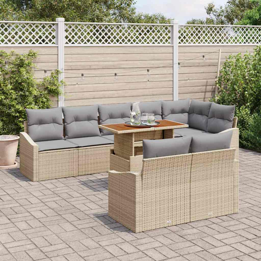 vidaXL 9-delige tuinset met kussens, beige poly riet