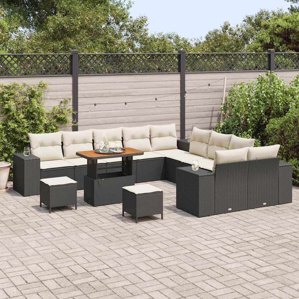 vidaXL 13-delige tuinset met kussens in zwart poly rattan en acacia hout