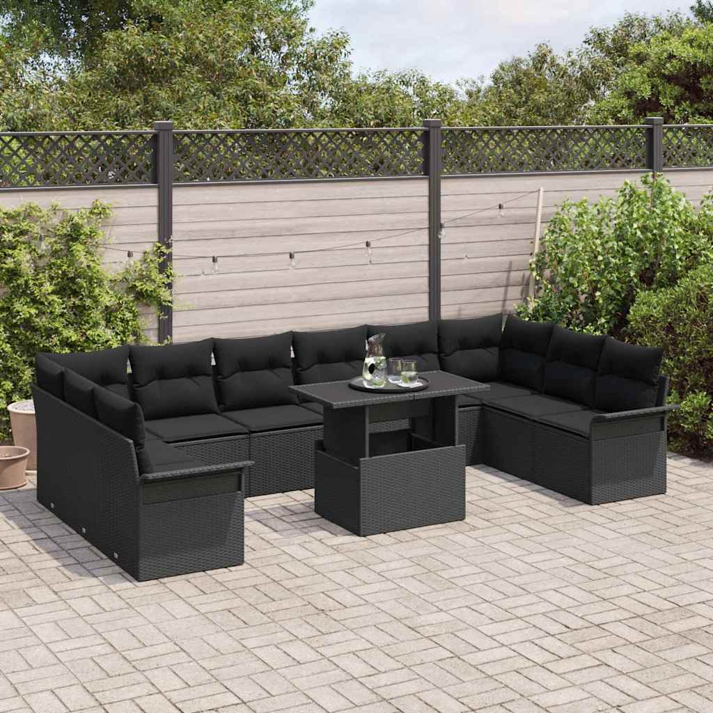 vidaXL 11-delige tuinset met kussens in zwart van poly rattan