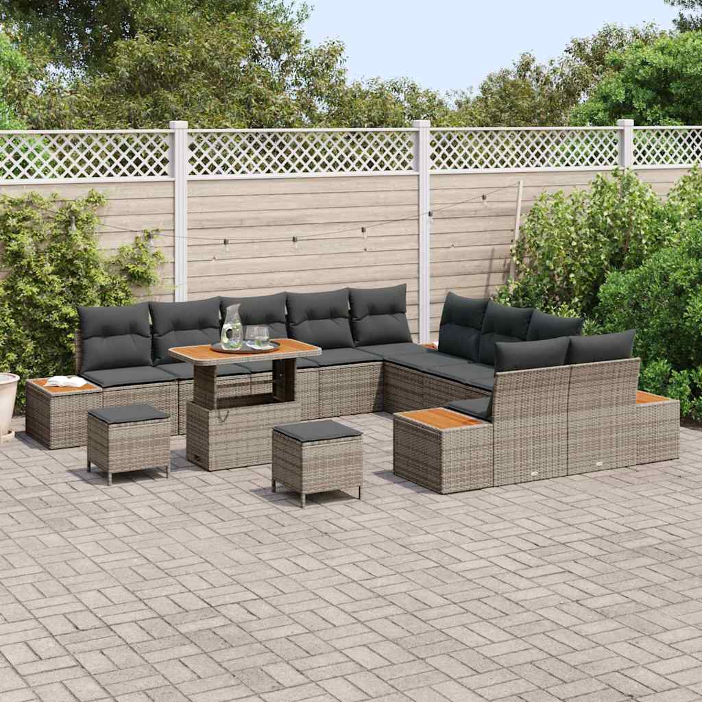 vidaXL 13-Delige Tuinset Met Kussens Grijs Poly Rattan en Acacia