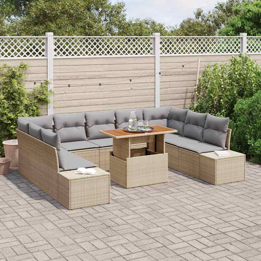 vidaXL 10-delige tuinset met kussens in beige, van poly rattan