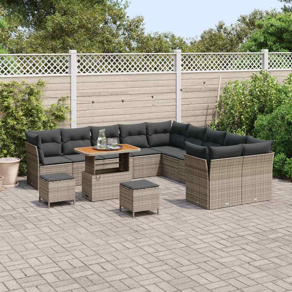 vidaXL 13-delige tuinsofa set met kussens in het grijs van poly rattan en acacia