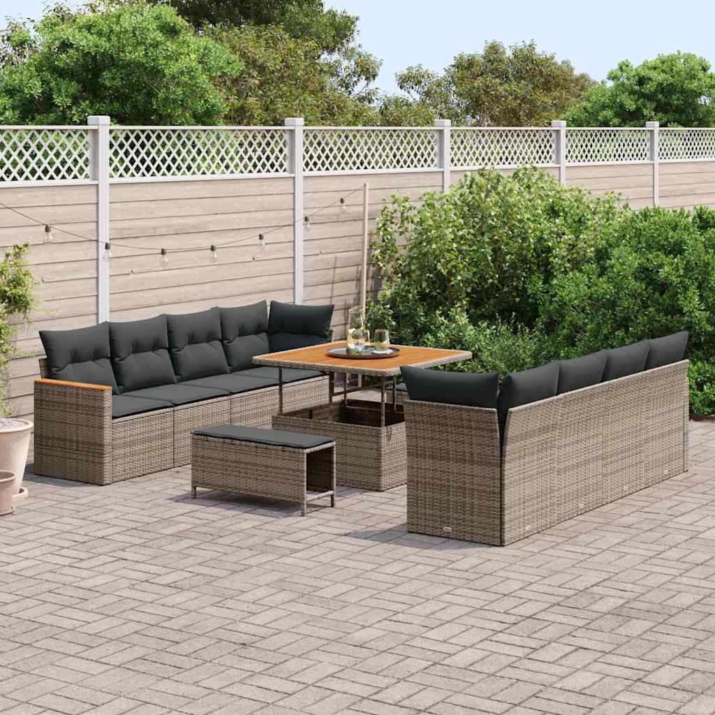 vidaXL 11-delige tuinsofaset met kussens in het grijs van poly riet en acacia