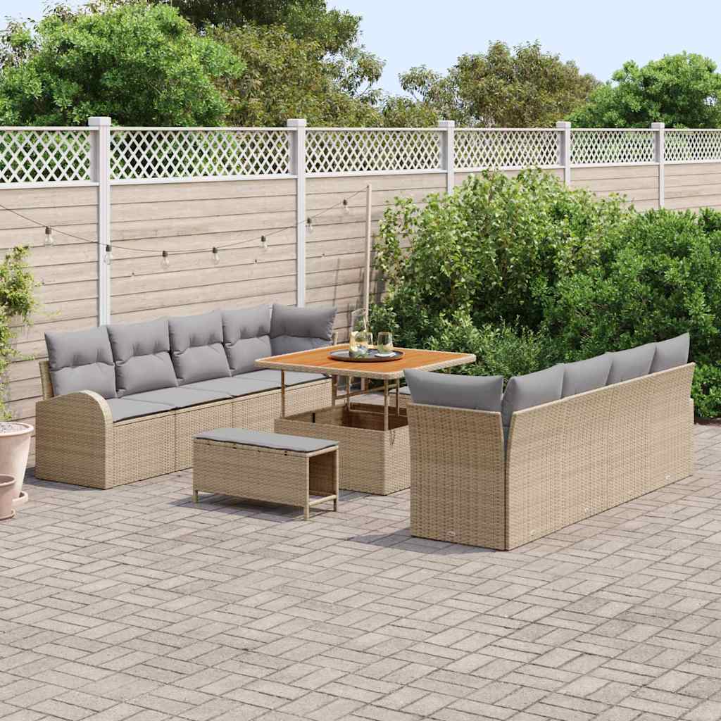 vidaXL 11-delige Tuinbankenset met kussens poly rattan acacia beige