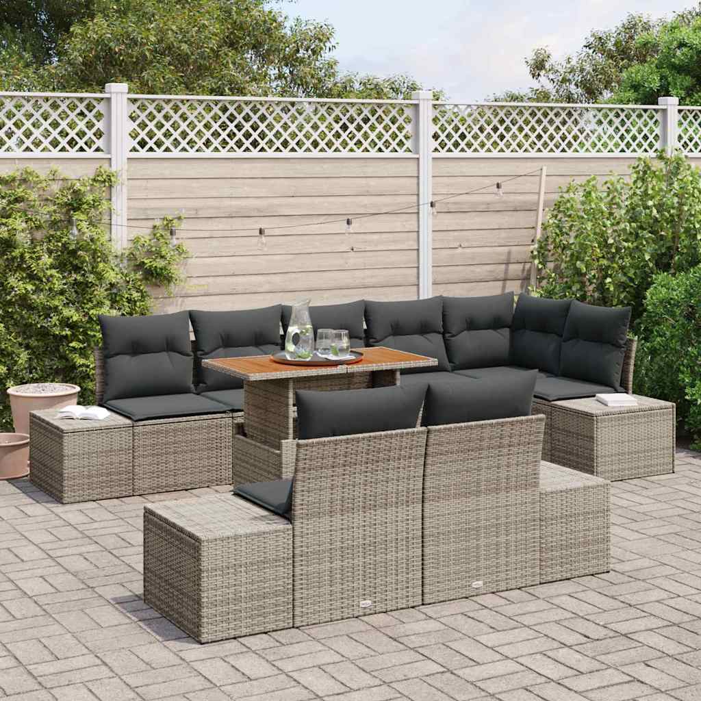 vidaXL 9-delige tuinbankset met grijze poly rieten kussens.