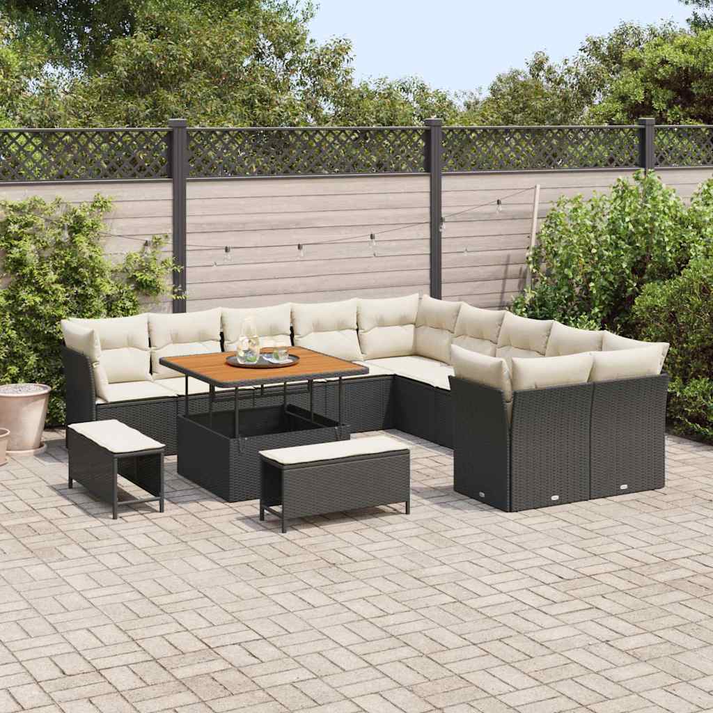 vidaXL 13-delige Tuinbankset met Kussens in Zwart van Poly Rattan en Acaciahout