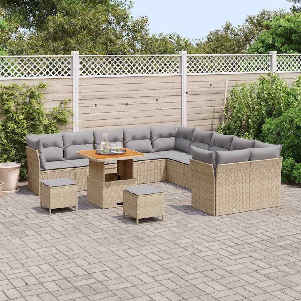 vidaXL 13-delige tuinsofa set met kussens in beige, van poly rattan en acacia.