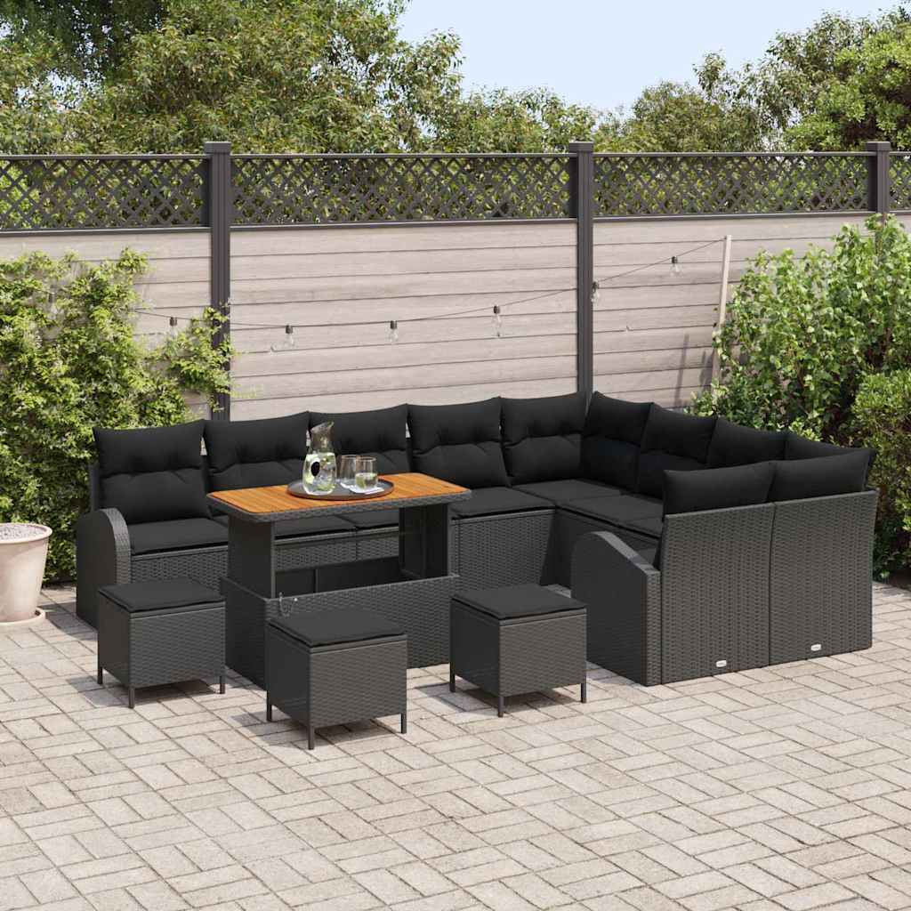 vidaXL 13-delige tuinbankset met kussens - zwart poly riet en acacia