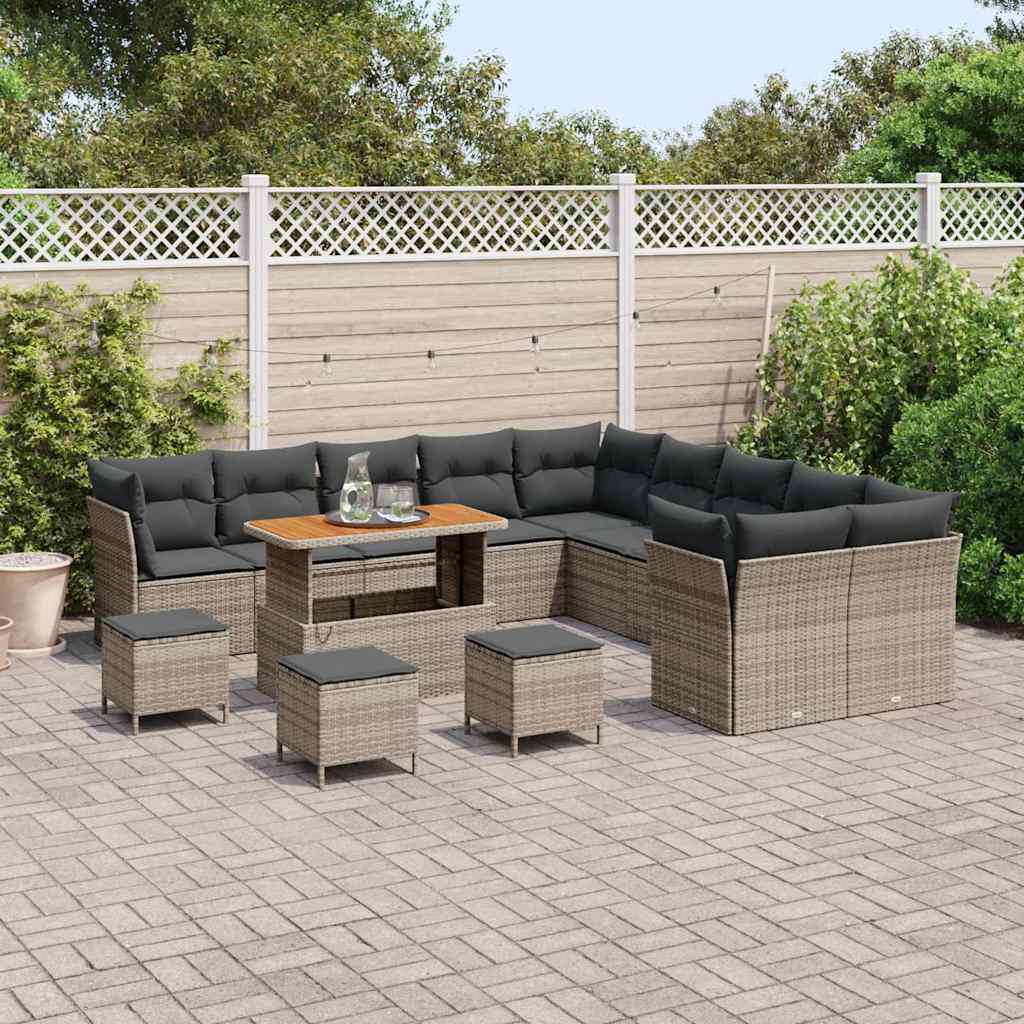 vidaXL 14-delige Tuin Loungeset met Kussens - Grijs Poly Rattan - Acaciahout