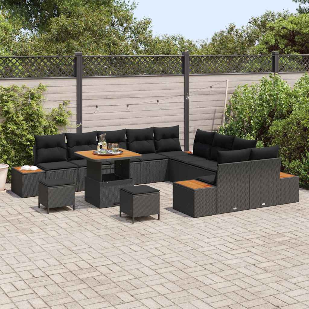vidaXL 13-delige Tuinbank Set met Kussens - Zwart Poly Rattan en Acacia