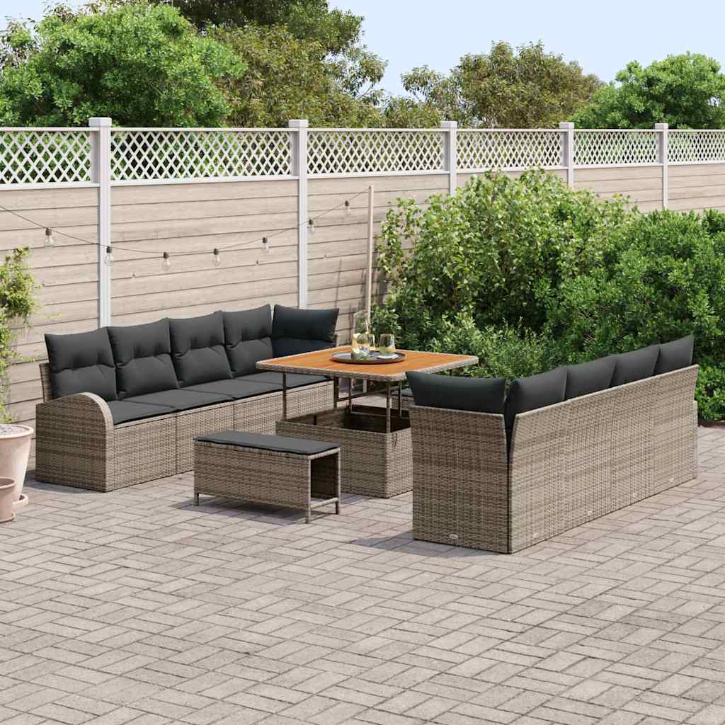 vidaXL 11-delige Tuinbankenset met kussens poly rattan acacia grijs