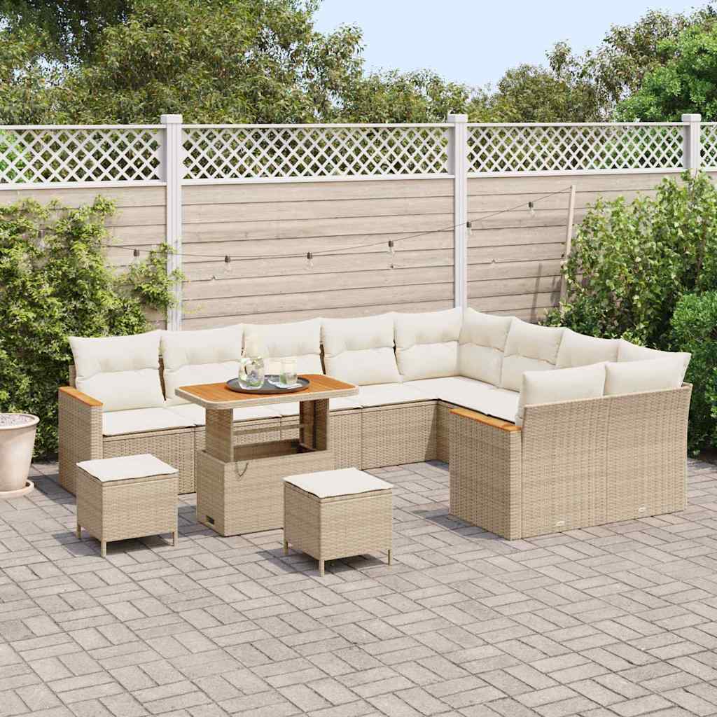 vidaXL 12-delige tuinset met kussens in beige van poly riet en acacia
