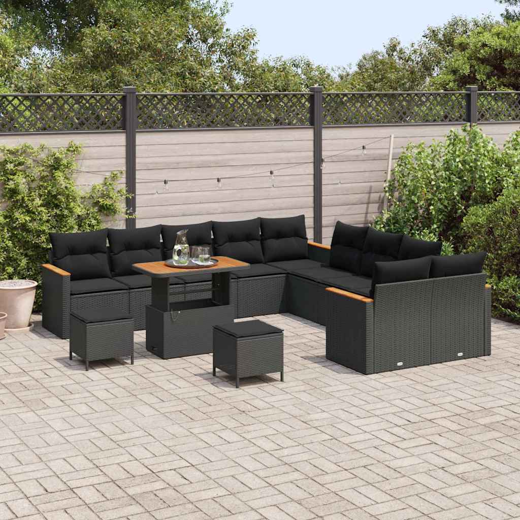 vidaXL 13-delige tuinbankstel met kussens, zwart poly rattan en acacia