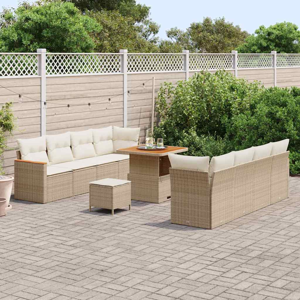 vidaXL 11-delige tuinset met kussens in beige poly rattan en acacia