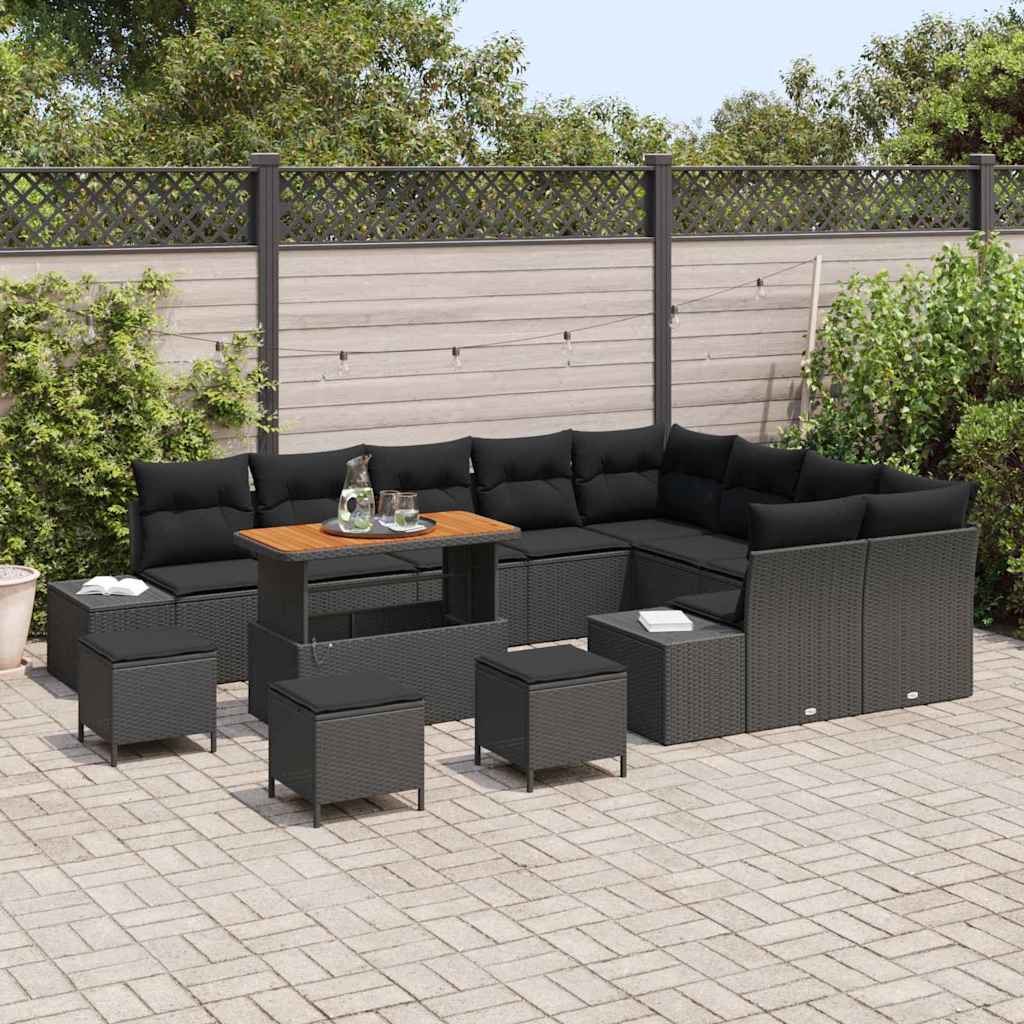 vidaXL 13-delige tuinset met kussens, zwart poly riet, acacia