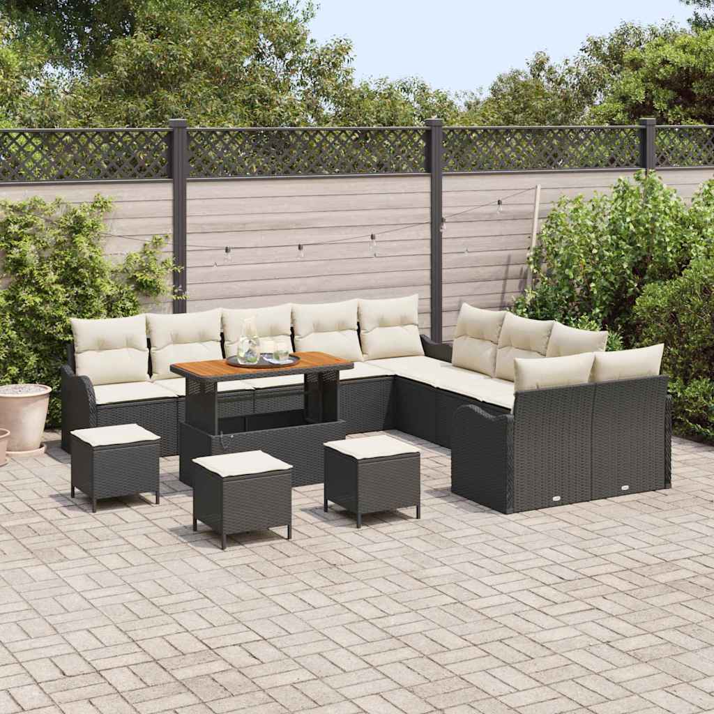 vidaXL 14-delige tuinset met kussens, zwart poly rattan en acacia