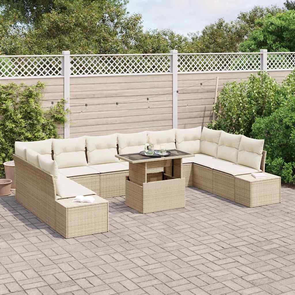 vidaXL 11-delige tuinset met kussens in beige poly rattan