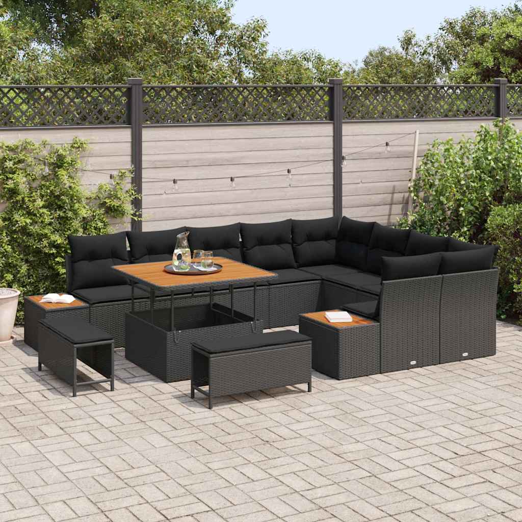 vidaXL 12-delige tuinset met kussens in zwart poly rattan en acacia