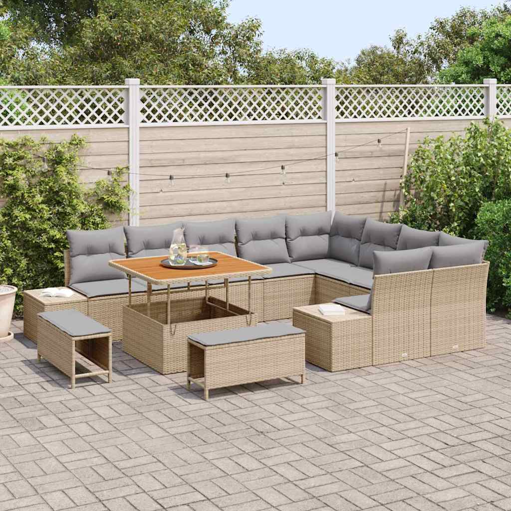 vidaXL 12-delig tuin sofa set met kussens in beige, gemaakt van poly riet en acacia.