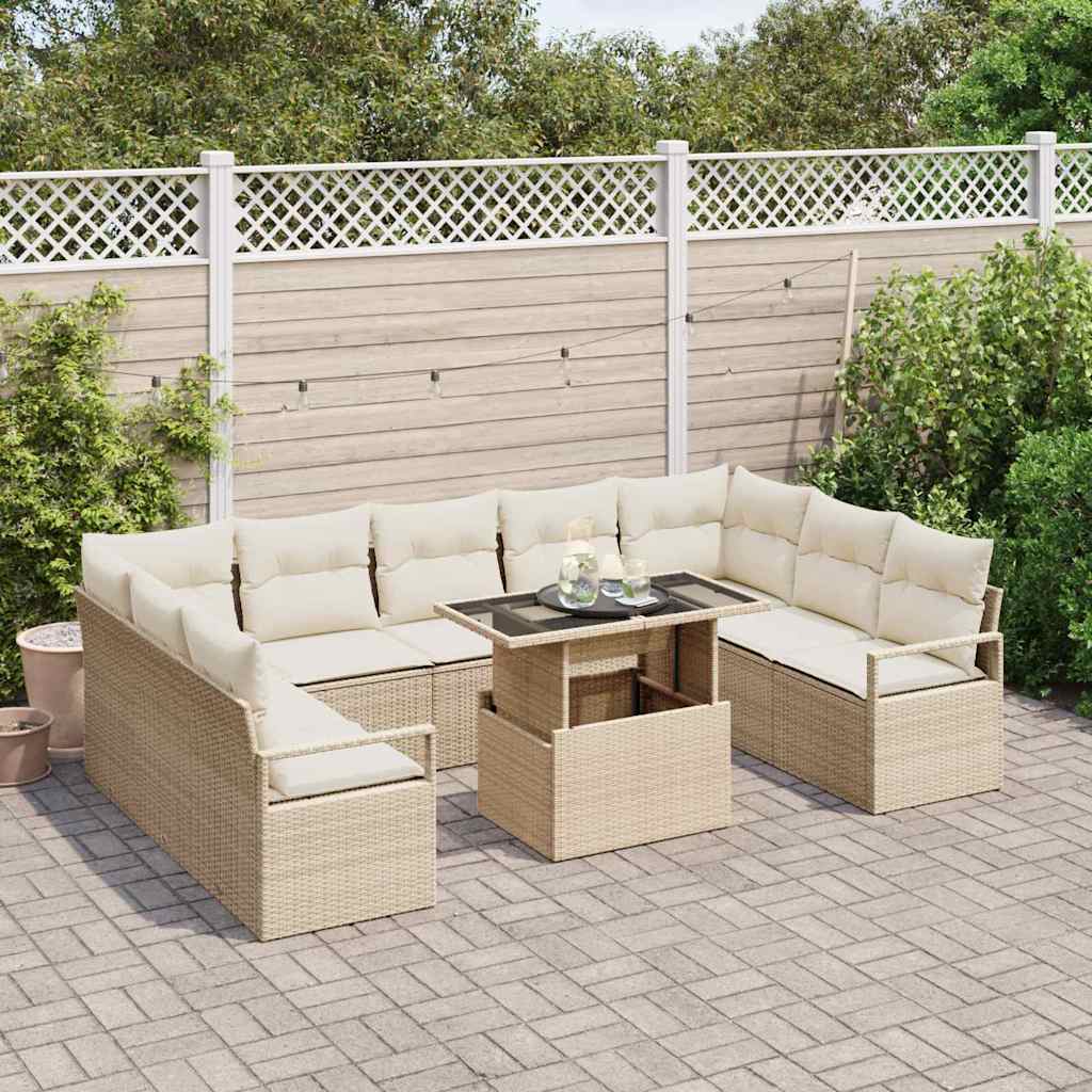 vidaXL 10-delige Tuinbankenset met kussens poly rattan beige