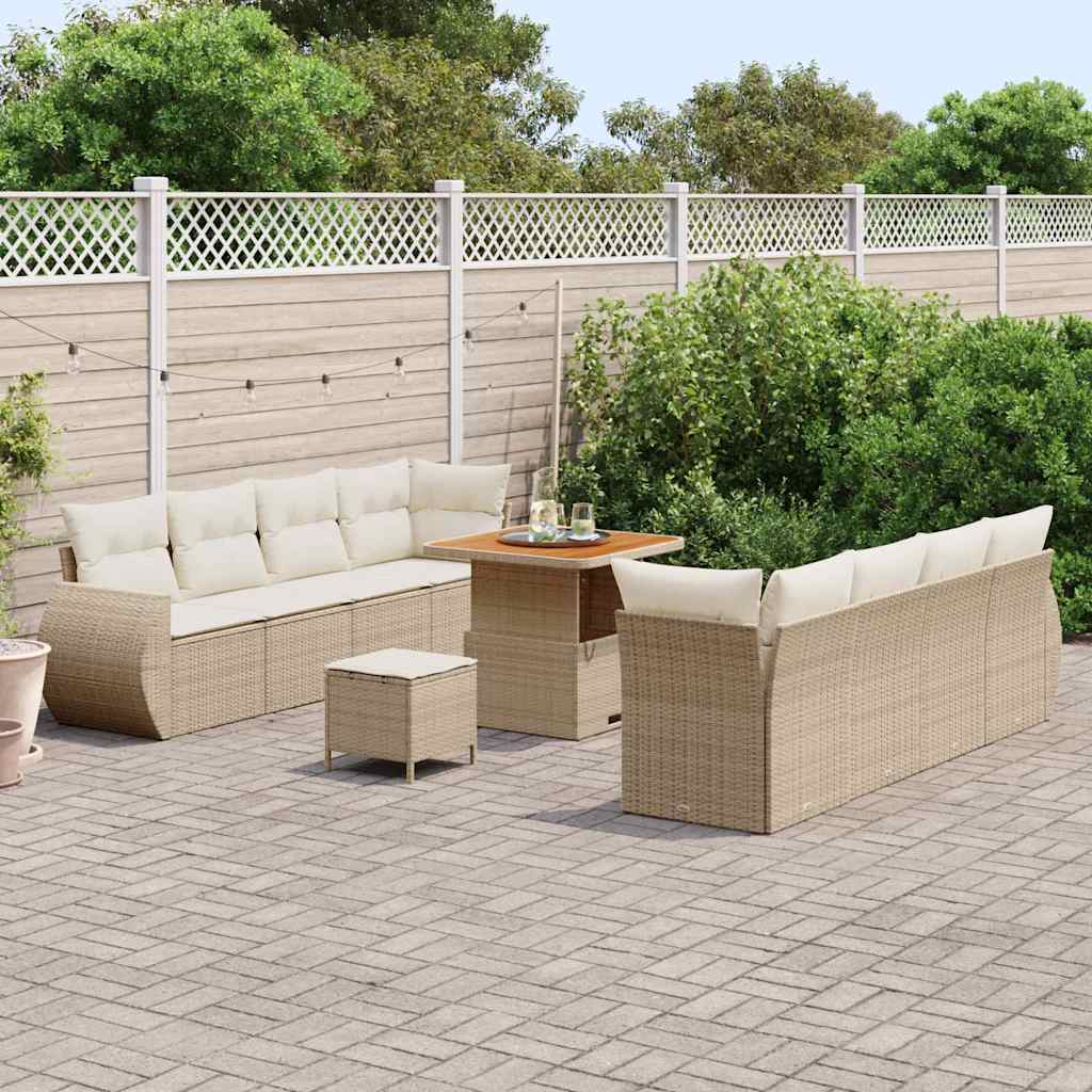 vidaXL 11-delige tuinsofa set met kussens, beige poly rattan en acacia