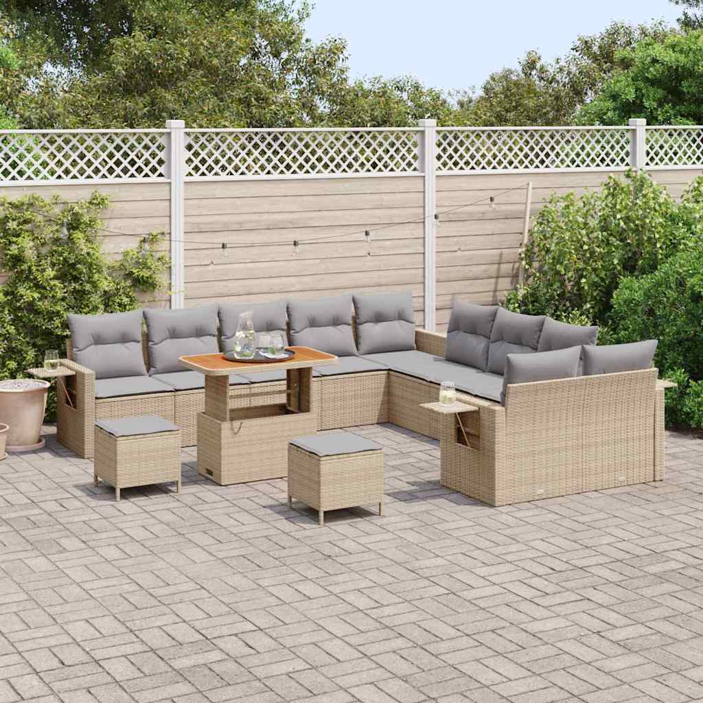 vidaXL 13-delige Tuinbankset met Kussens - Beige Poly Riet en Acacia