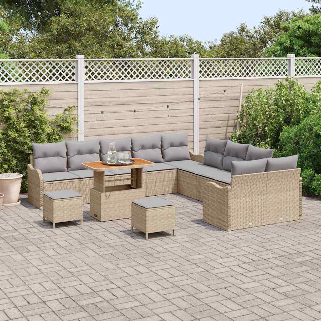 vidaXL 13-delige tuinset met kussens in beige poly rattan en acacia.
