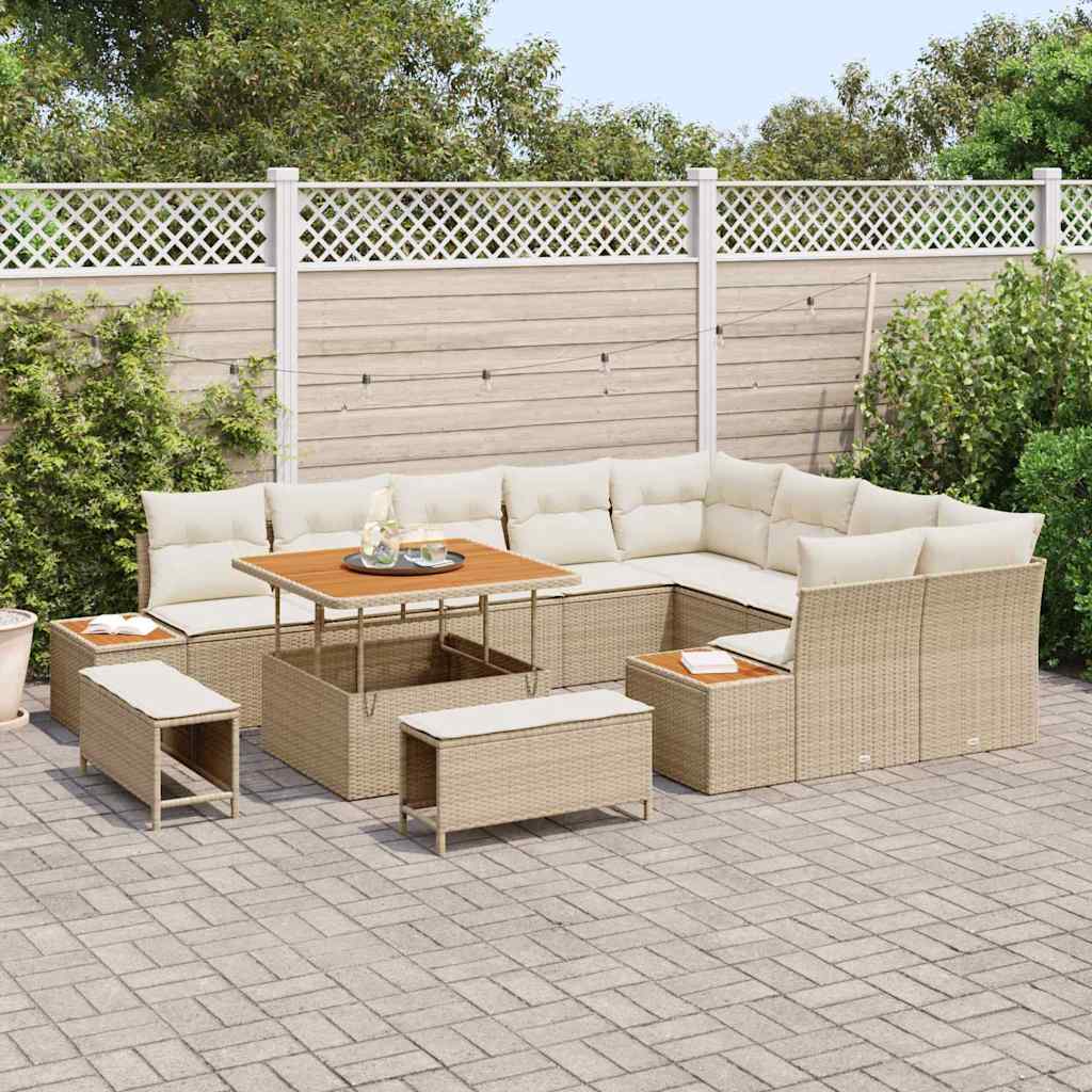 vidaXL 12-delige tuinbankset met kussens in beige van poly rattan en acaciahout