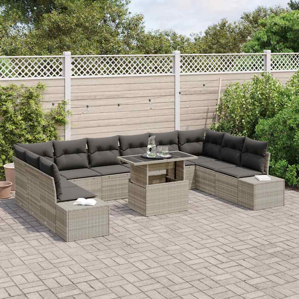vidaXL 11-delige tuinset met kussens lichtgrijs poly rattan