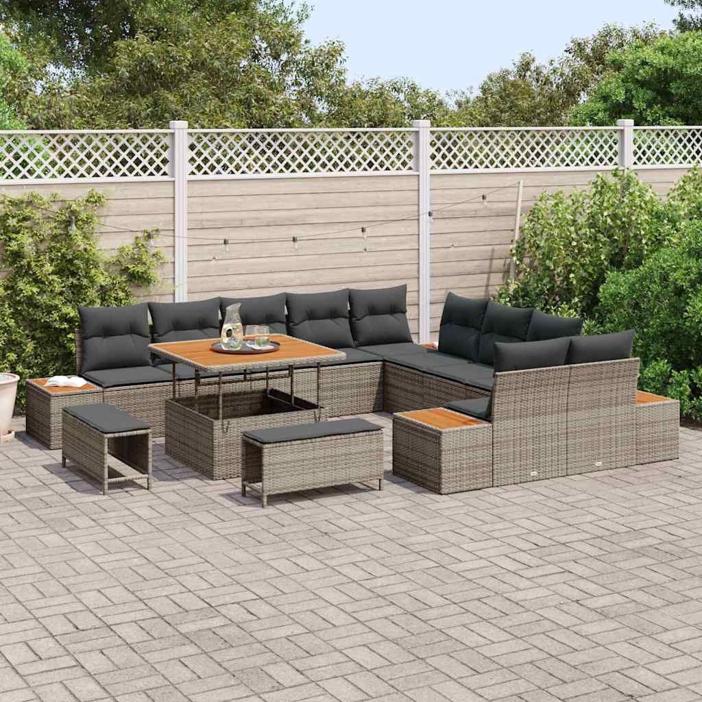 vidaXL 13-delige Tuinset met Kussens Grijs Poly Rattan en Acacia