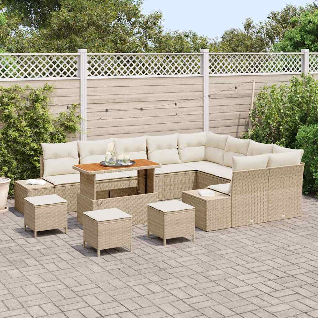 vidaXL 13-delige tuinset met kussens in beige poly rattan en acaciahout