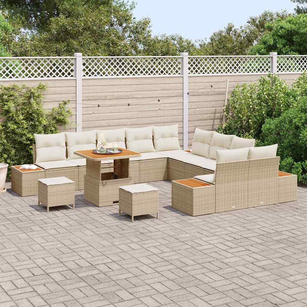vidaXL 13-delige Tuinbank Set met Kussens in Beige van Poly Rattan en Acacia