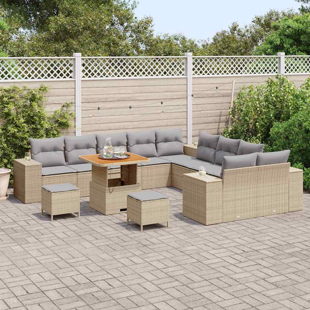 vidaXL 13-delige tuinsofa set met kussens in beige poly rattan en acacia