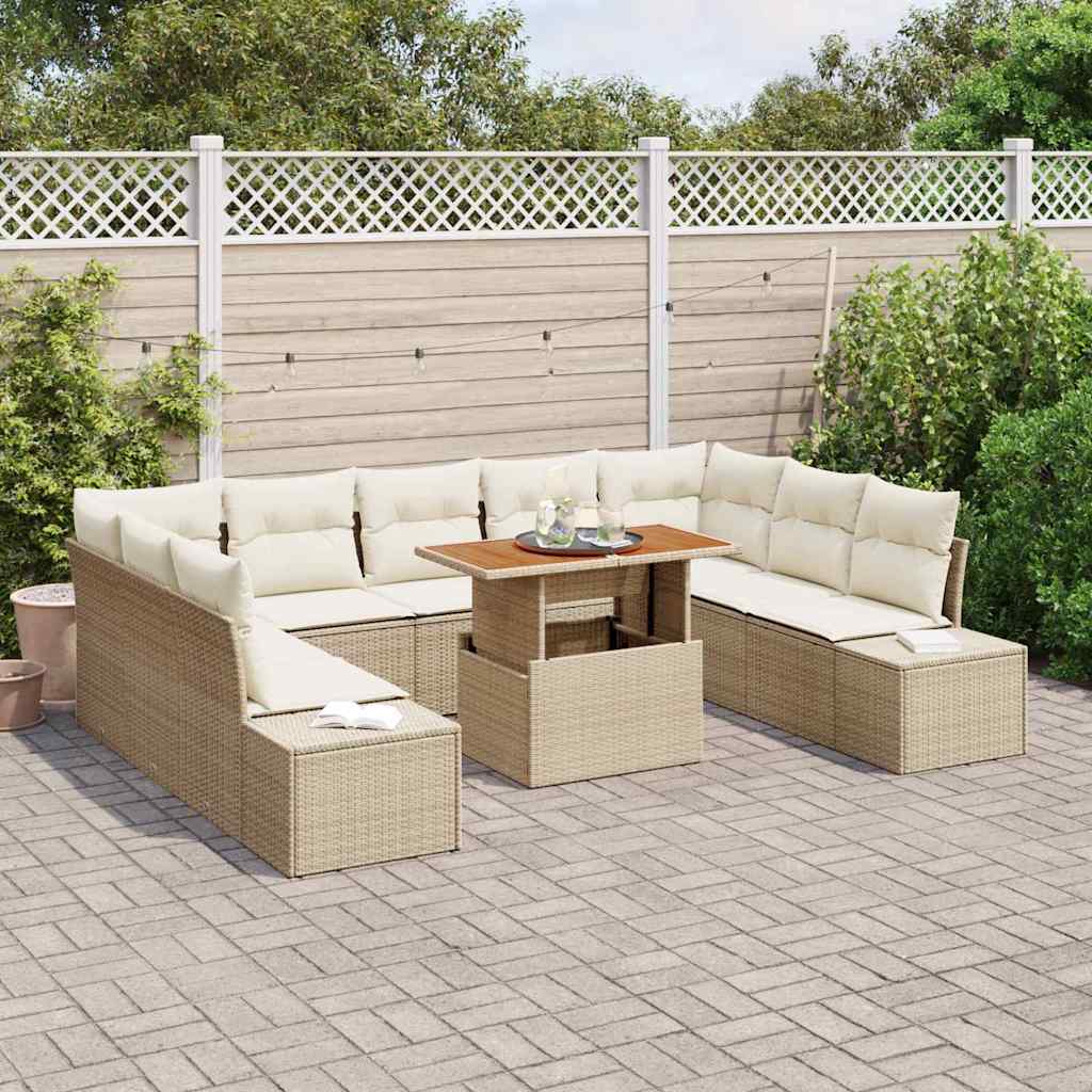vidaXL 10-delige tuinset met kussens in beige poly rattan