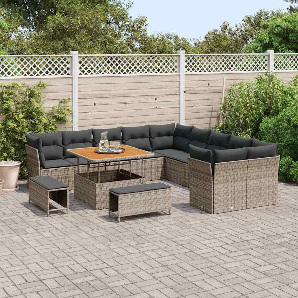 vidaXL 13-delige tuinsalonset met kussens in grijs poly rattan en acacia