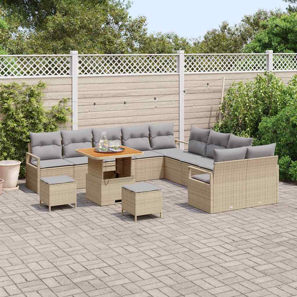 vidaXL 13-delige Tuinbankset Met Kussens in Beigekleurig Poly Riet en Acacia