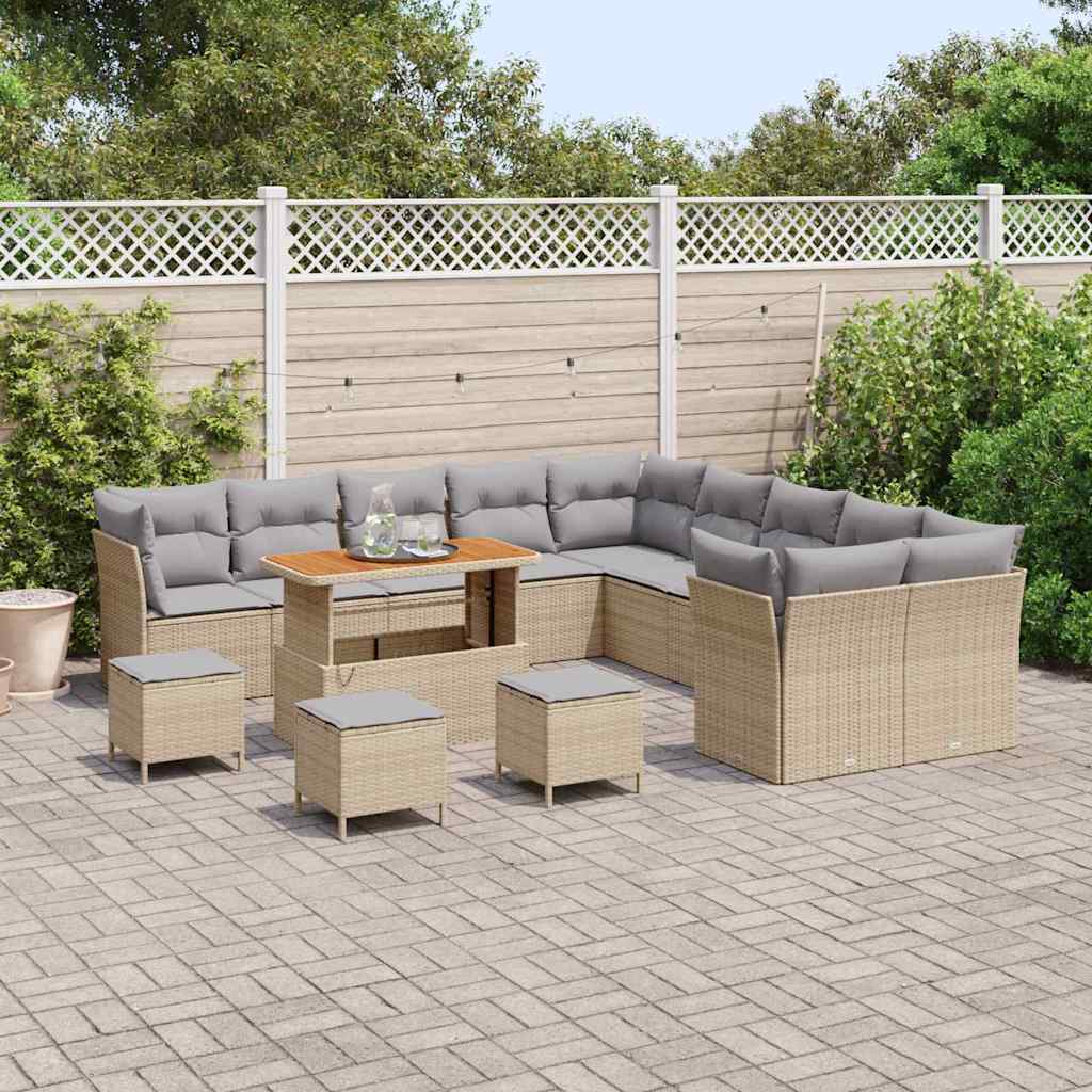 vidaXL 14-delige tuinsofa set met kussens in beige van poly rattan en acacia