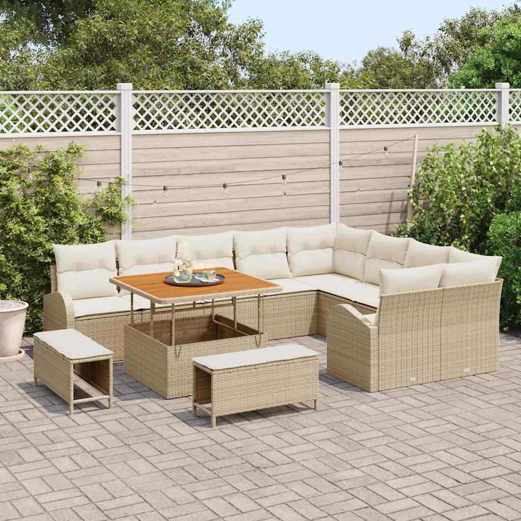 vidaXL 12-delige tuinbankset met kussens in beige poly rattan en acacia
