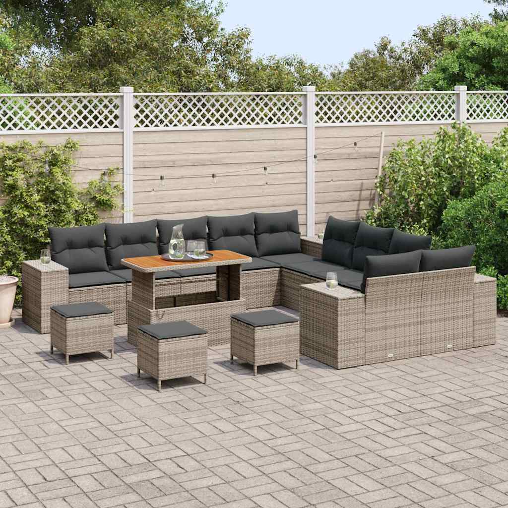 vidaXL 14-delige tuinset met kussens in grijs poly riet en acacia hout.